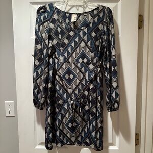 Geometric Patterned Blue, White, and Green Dress